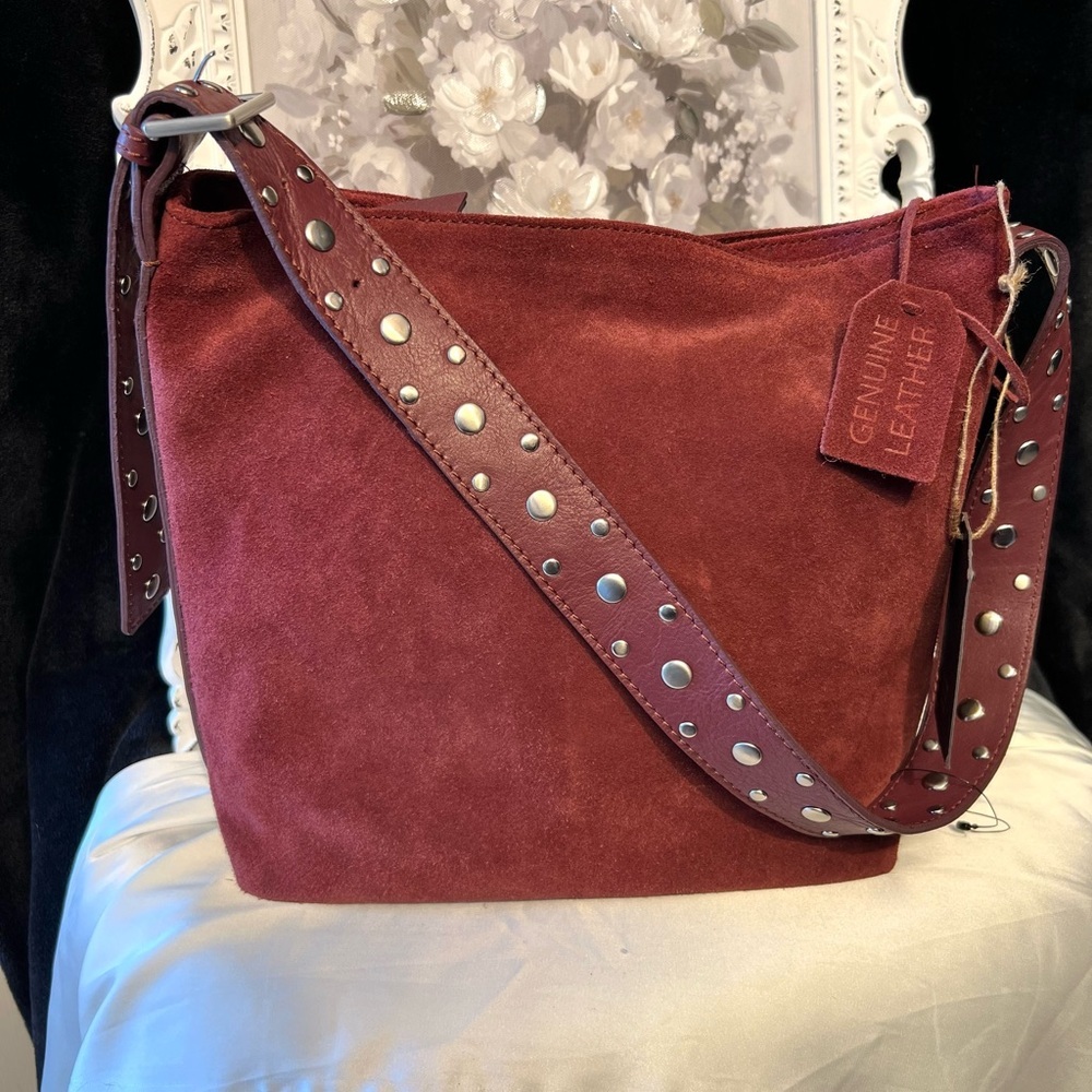 🍷MADE IN INDIA Suede Studded Hobo Elegant Burgundy Shoulder Bag🍷NWT - Picture 11 of 17